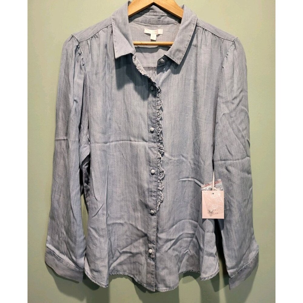 New Blue Chambray Long Sleeve Button Up Shirt Ruffle Lace Sz 2X Casual LC Conrad
